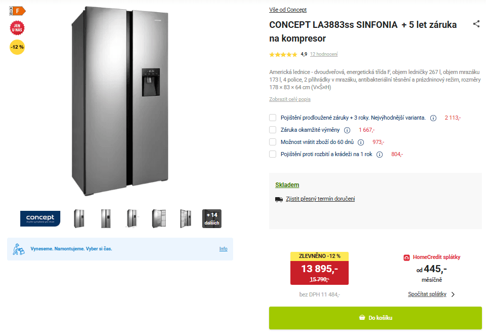 Americká lednice Concept, voda, A+, menší